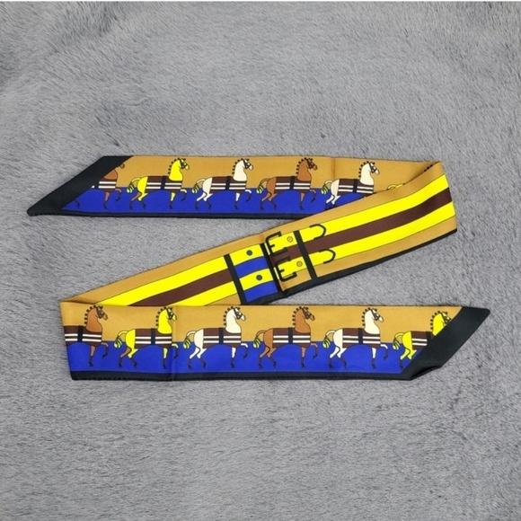 New Horse Print Silk Skinny Scarf Twilly - Picture 4 of 7